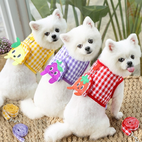 Cute Gingham Pet Harness And Leash With Fruit Backpack Strawberry Lemon Grape Cartoon For Small Dogs And Cats Walking