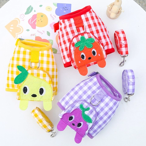 Cute Gingham Pet Harness And Leash With Fruit Backpack Strawberry Lemon Grape Cartoon For Small Dogs And Cats Walking