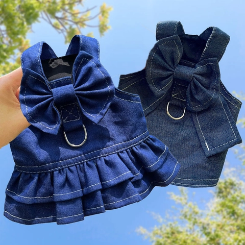 Pet Denim Dress Harness Vest With Large Bow Metal D-Ring Ruffle Hem For Small Medium Dogs Cats Cute Puppy Clothing