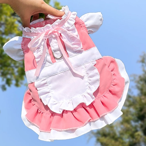 Robe Pour Animaux De Compagnie Style Servante À Volants Costume Pour Chien Avec Attache De Laisse Anneau En D En Métal Dentelle