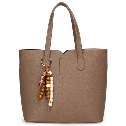 Sac À Main Fourre-Tout Bandoulière Cuir PU Texture Litchi Grande Capacité Charme Pompon Perles En Bois Rétro Femme