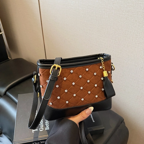 Borsa Tracolla Donna Pelle Scamosciata Trapuntata Pelle PU Patchwork Strass Diamante Nappa Vintage Retrò Spalla Secchiello Casual