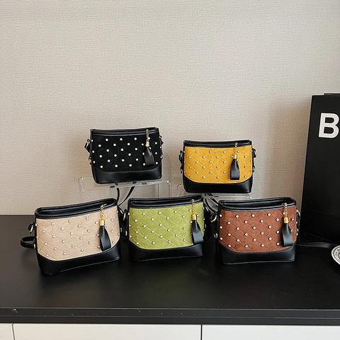 Borsa Tracolla Donna Pelle Scamosciata Trapuntata Pelle PU Patchwork Strass Diamante Nappa Vintage Retrò Spalla Secchiello Casual