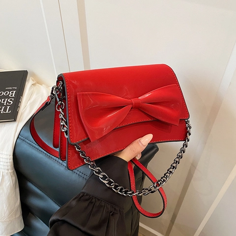 Women Large Bow Crossbody Bag PU Leather Square Shoulder Bag Metal Chain Strap Casual Trendy Niche Style