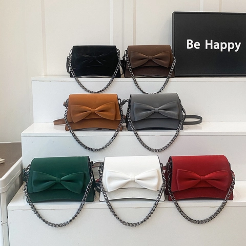 Women Large Bow Crossbody Bag PU Leather Square Shoulder Bag Metal Chain Strap Casual Trendy Niche Style