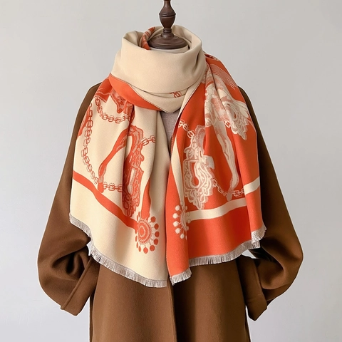 Equestrian Horse Chain Print Faux Cashmere Scarf For Women Vintage Large Shawl Wrap Thick Warm Winter Pashmina Long Scarf
