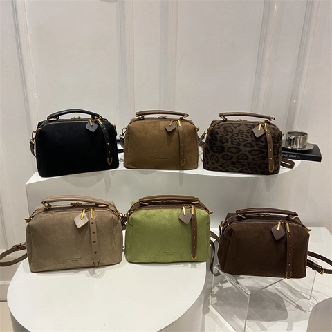 Sac à Main en Suède Vintage pour Femmes Sac Bandoulière Dépoli à la Mode Imprimé Léopard Boston Sac Oreiller Sacoche de Voyage