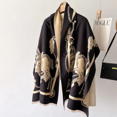 Equestrian Horse Chain Print Faux Cashmere Scarf For Women Vintage Large Shawl Wrap Thick Warm Winter Pashmina Long Scarf