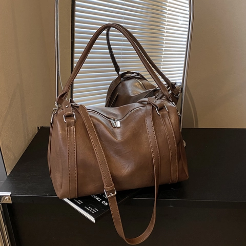 Damen Große Kapazität Öl Wachs PU Leder Boston Tasche Retro Plissee Umhängetasche Verstellbarer Riemen Mode Tote Handtasche