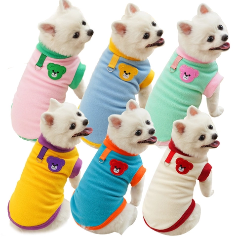 Pet Dog Cat Winter Polar Fleece Vest Jacket Warm Color Block Dopamine Base Shirt Dog Clothes With D-Ring Bear Embroidery