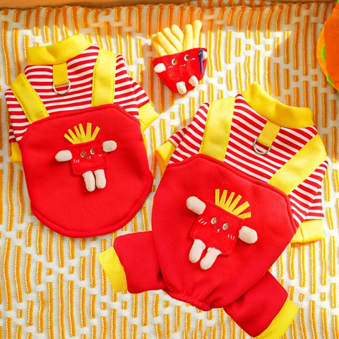 Haustier Hund Katze Hoodie Jumpsuit Warm Fleece Gestreifte Kleidung Mit 3D Pommes Frites Ente Gott Des Reichtums Dekoration Leine D-Ring