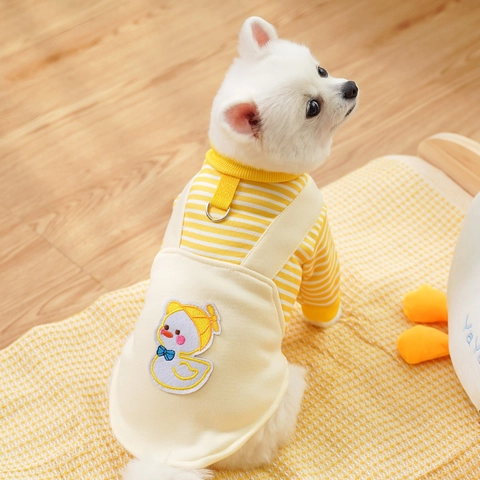 Striped Pet Dog Hoodie Fleece Lined Winter Cat Jumpsuit With Leash D-Ring Cartoon Duck Fries Pet Clothes For Small Medium Large Dogs Cats