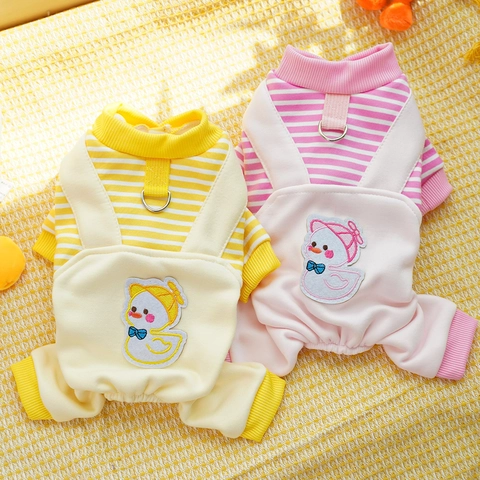 Combinaison pour Chien et Chat Rayée Dessin Animé Chaude Doublée Polaire Vêtements avec Anneau en D pour Laisse Automne Hiver