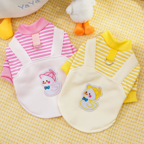 Striped Pet Dog Hoodie Fleece Lined Winter Cat Jumpsuit With Leash D-Ring Cartoon Duck Fries Pet Clothes For Small Medium Large Dogs Cats