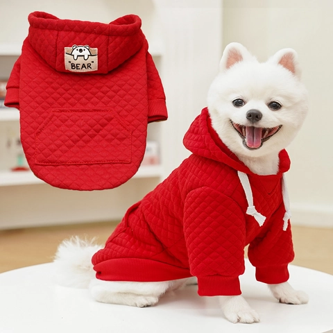 Pet Dog Cat Hooded Sweatshirt Quilted Diamond Lattice Pattern Winter Warm Clothes With Kangaroo Pocket Bear Patch