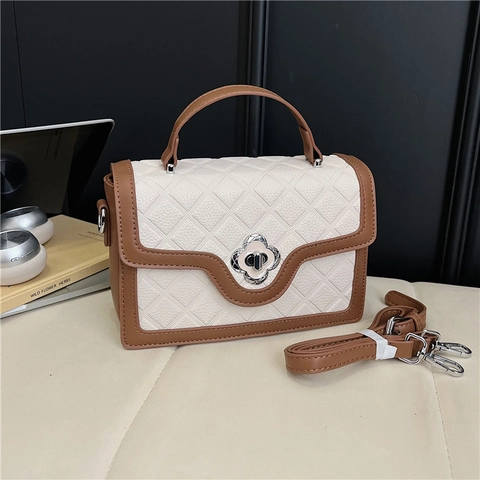 Women Quilted Crossbody Bag PU Leather Diamond Pattern Flower Twist Lock Elegant Shoulder Bag Contrast Color