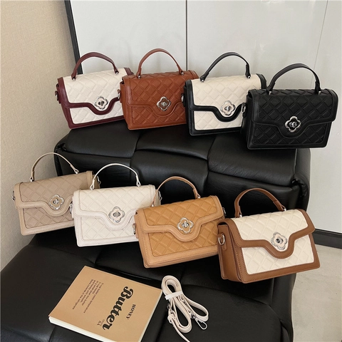 Women Quilted Crossbody Bag PU Leather Diamond Pattern Flower Twist Lock Elegant Shoulder Bag Contrast Color