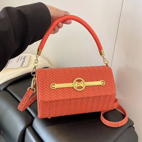 Woven Texture Crossbody Handbag PU Leather Small Square Box Fashion Shoulder Bag With Golden M Logo Buckle