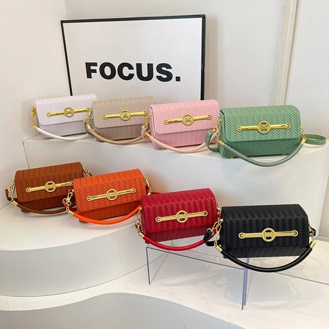 Woven Texture Crossbody Handbag PU Leather Small Square Box Fashion Shoulder Bag With Golden M Logo Buckle