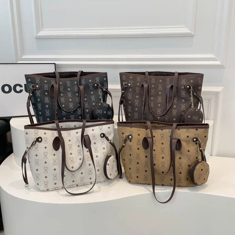 Grand Sac Cabas en Cuir PU Imprimé Motif Ours Avec Mini Pochette Ronde pour Femme Sac à Épaule Vintage Quotidien