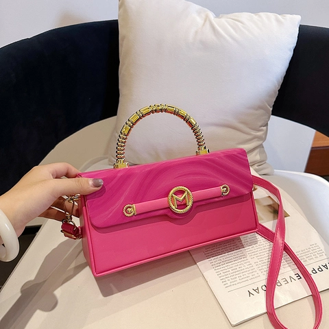 Fashion Women Box Bag PU Leather Wavy Texture Crossbody Bag With Golden Bamboo Handle Round M Logo Metal Decor Handbag