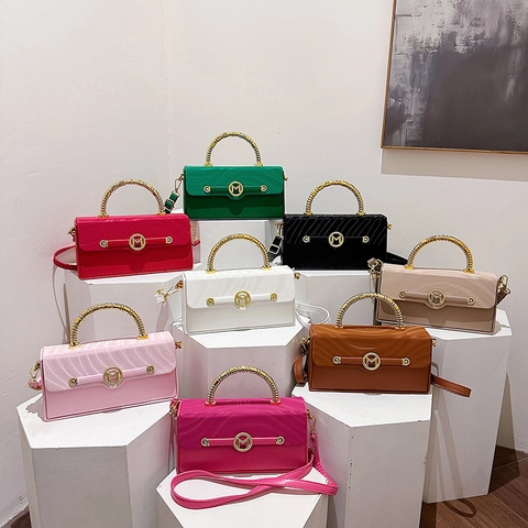 Fashion Women Box Bag PU Leather Wavy Texture Crossbody Bag With Golden Bamboo Handle Round M Logo Metal Decor Handbag