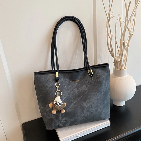 Damen Mode Marmor Textur PU Leder Tote Bag Große Kapazität Pendler Schulter Handtasche Mit Plüsch Monster Anhänger