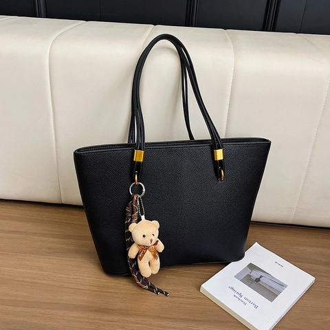 Borsa Tote da Donna in Pelle PU Vintage Grande Capacità Trama Litchi Borsa a Tracolla Con Ciondolo Orso Moda Pendolare