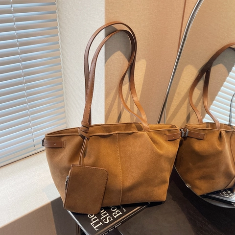 Bolso De Mano De Gamuza Para Mujer Gran Capacidad Bolso De Hombro Casual Con Bolsa Desmontable Color Sólido Bolso Hobo