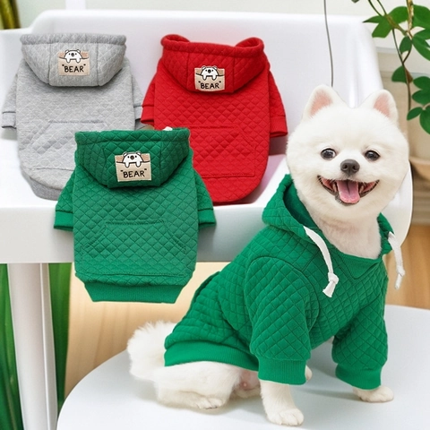 Pet Dog Cat Hooded Sweatshirt Quilted Diamond Lattice Pattern Winter Warm Clothes With Kangaroo Pocket Bear Patch
