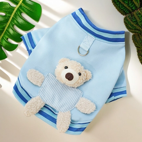 Dog Baseball Jacket Cat Clothes Warm Fleece Lined Polyester With Plush Bear Decoration D-Ring Leisure Sporty Design