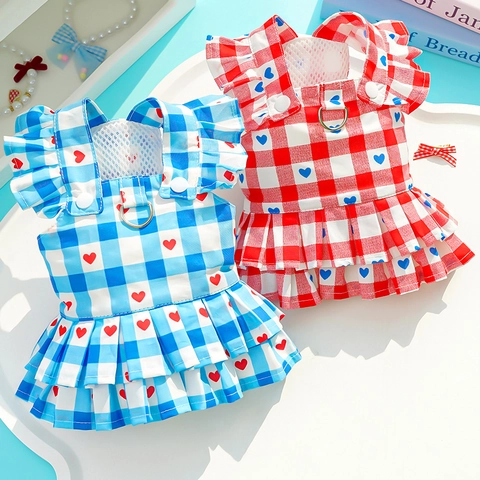 Striped Pet Harness Dress With D-Ring Ruffle Princess Style Mesh Lining Clothing For Small Dogs Cats