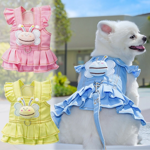 Pet Denim Dress Harness And Leash Ruffle Pleated Dog Cat Clothes Cartoon Bee Decor Cute Apparel