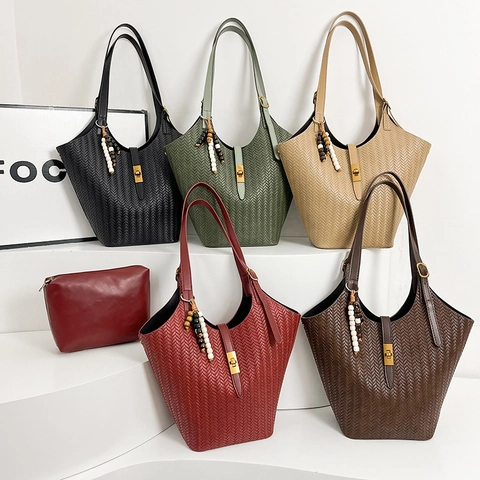 Mode Femmes Sac à Épaule Seau en Cuir PU Tissé Ensemble Tote Grande Capacité Et Pochette Intérieure Avec Charme Perlé Sac à Main Vintage Navette
