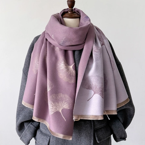 Women Winter Scarf Shawl Ginkgo Leaf Print Cashmere-Like Polyester Warm Soft Tassel Poncho Wrap Elegant Office Autumn