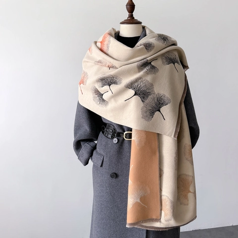 Women Winter Scarf Shawl Ginkgo Leaf Print Cashmere-Like Polyester Warm Soft Tassel Poncho Wrap Elegant Office Autumn