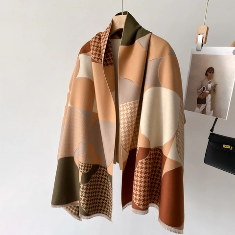 Sciarpa Da Donna Imitazione Cashmere Moda Pied De Poule Color Block Scialle Caldo Inverno Avvolgente Con Nappe Sciarpa Retro Geometrica