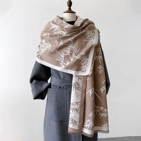 Vintage Bamboo Leaf Print Scarf Elegant Double Sided Pashmina Shawl Warm Cashmere Like Tassel Wrap For Women Winter Accessories