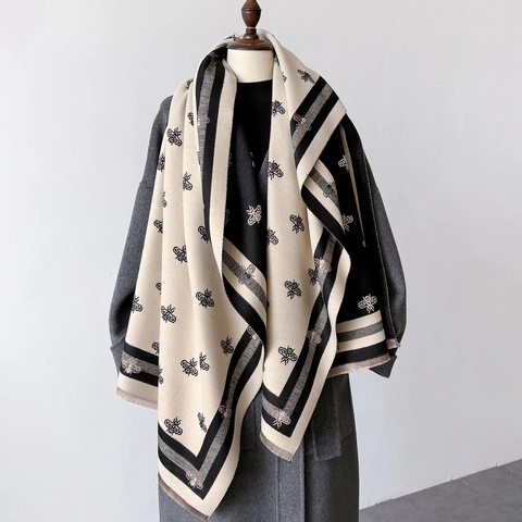 Sciarpa Reversibile In Finto Cashmere Motivo Ape Spessa Calda Invernale Scialle Lungo Frange Donna