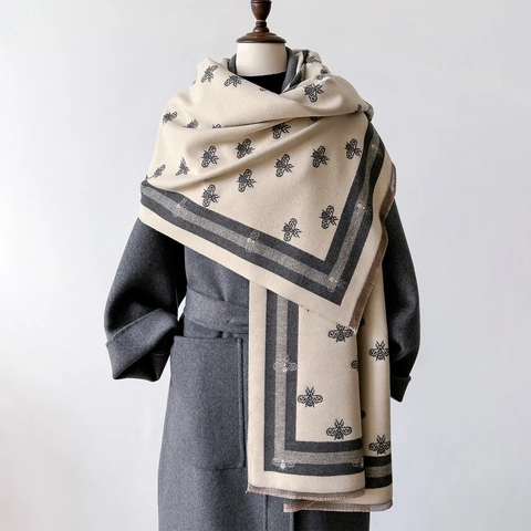Sciarpa Reversibile In Finto Cashmere Motivo Ape Spessa Calda Invernale Scialle Lungo Frange Donna