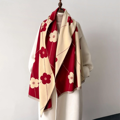 Elegante Bufanda De Invierno Imitación De Cachemira Chal Grueso Cálido Patrón Floral Color Contraste Con Borlas
