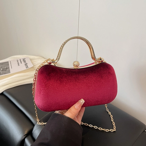 Elegant Velvet Box Clutch Evening Bag With Metallic Arched Handle Chain Strap Rhinestone Artificial Pearl Lock Handbag For Wedding Party Women