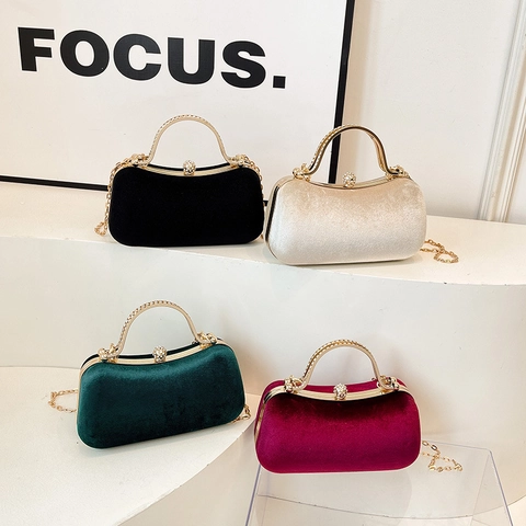 Elegant Velvet Box Clutch Evening Bag With Metallic Arched Handle Chain Strap Rhinestone Artificial Pearl Lock Handbag For Wedding Party Women