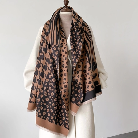 Patchwork Houndstooth Leopard Print Scarf Imitation Cashmere Large Shawl Double Sided Warm Winter Wraps With Tassels