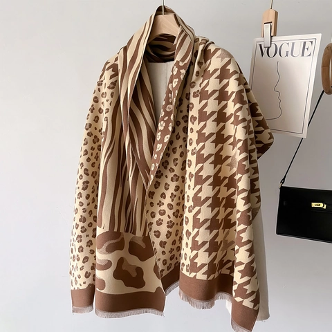 Patchwork Houndstooth Leopard Print Scarf Imitation Cashmere Large Shawl Double Sided Warm Winter Wraps With Tassels