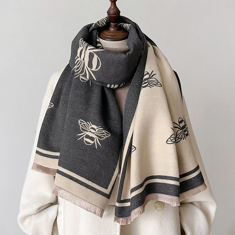 Dames Sjaal Van Imitatie Kasjmier Winter Dik Warm Omslagdoek Dubbelzijdig Bijenpatroon Kwastjes Mode