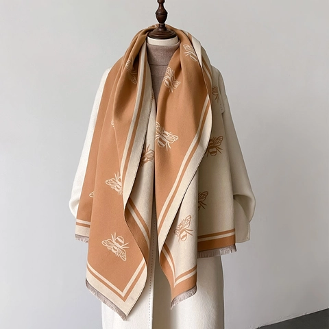 Dames Sjaal Van Imitatie Kasjmier Winter Dik Warm Omslagdoek Dubbelzijdig Bijenpatroon Kwastjes Mode
