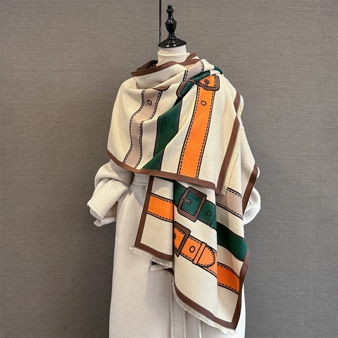 Damen Winter Schal Dicke Warme Imitation Kaschmir Schal Mit Gürtelschnalle Muster Jacquard Fransen Tuch