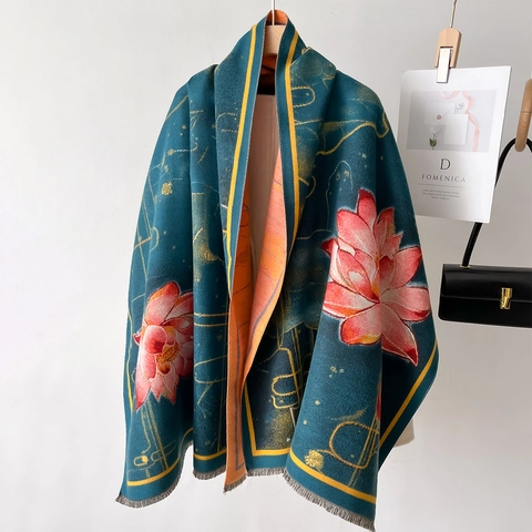 Sciarpa Scialle Invernale Finta Cashmere Elegante Stampa Loto Double Face Spessa Calda Lunga Con Nappe Donne