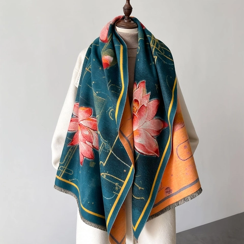 Sciarpa Scialle Invernale Finta Cashmere Elegante Stampa Loto Double Face Spessa Calda Lunga Con Nappe Donne